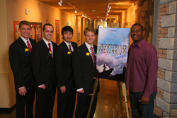 NC State Walt Disney Imagineering ImagiNations Design Competition team members Kyle Thompson, Michael Habersetzer, Andy Park, and Brian Gaudio with Imagineering mentor Billy Almon (left to right). Photo credit: Gary Krueger, Walt Disney Imagineering.