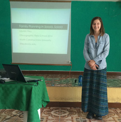 Lauren Frey '17 in Panajachel, Guatemala, presenting her research on family planning - Summer 2014