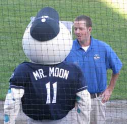 Jon Clemmons '08 with Asheville Tourists mascot Mr. Moon