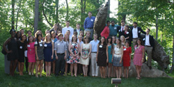 The Park Class of 2015 gathered among the wolf statues during their Senior Gala at the Dorothy and Roy Park Alumni Center.