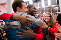 Nate Bridgers and Khari Cyrus '16 celebrate news of their election victory - Photo © Kai McNeil of The Technician