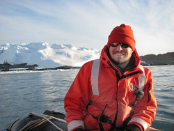 Miles gathering data in the team’s Zodiac craft off the northern coast of Antarctica.