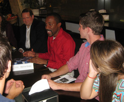 Richard “Memie” Ezike ‘05 (center) and Ryan O’Quinn ‘04 (left) spoke with members of the Park Class of 2017 about leadership challenges in the STEM fields – Fall 2014