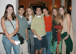 Daniel Hoag ‘03 (center) with fellow members of the Park Class of 2003 Kirsten Collings, Steve Thompson, Erin (Powell) Ennis, Kelly Mahoney, Carrie Crowder-Cheek, and Angela Traurig at a study abroad going-away dinner