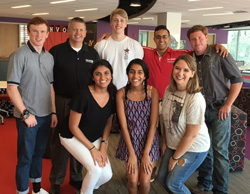 (Front row): Neelam Modi ‘18, Sammi Fernandes ‘17, and donor Emily Douglass; (back row) donor Joshua Ewy, DKMS donor recruitment manager Bob Murray, donor Jordan Cousins, Rizwan Dard ‘17, and donor William “Stevie” Mizell came together for a press conference. – August 2016