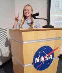 Alina Creamer '20 presenting the results of her research for the OA-5 Antares Mission Launch Availability Study