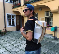 Christian Fuda '18 modeling a backpack he designed for Czech luggage company Kazeto