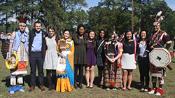 The Learning Lab I Committee (left to right) with traditional Lumbee dancers: Co-Chair Belton Moore '20 (Lumbee), Mallory Alman '20, Co-Chair Jada Hester '20, Jennifer Lo '20, Sindhoor Ambati '20, Maggie He '20, and Alyssa Cox '20