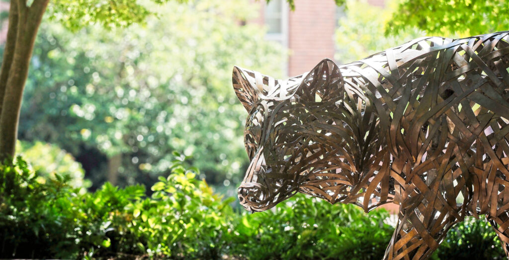 One of the copper wolves at Wolf Plaza. Photo by Marc Hall