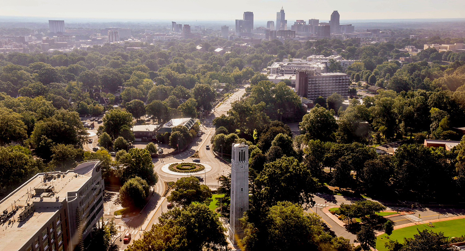 The Belltower with downtown Raleigh skyline. Photo by Becky Kirkland.