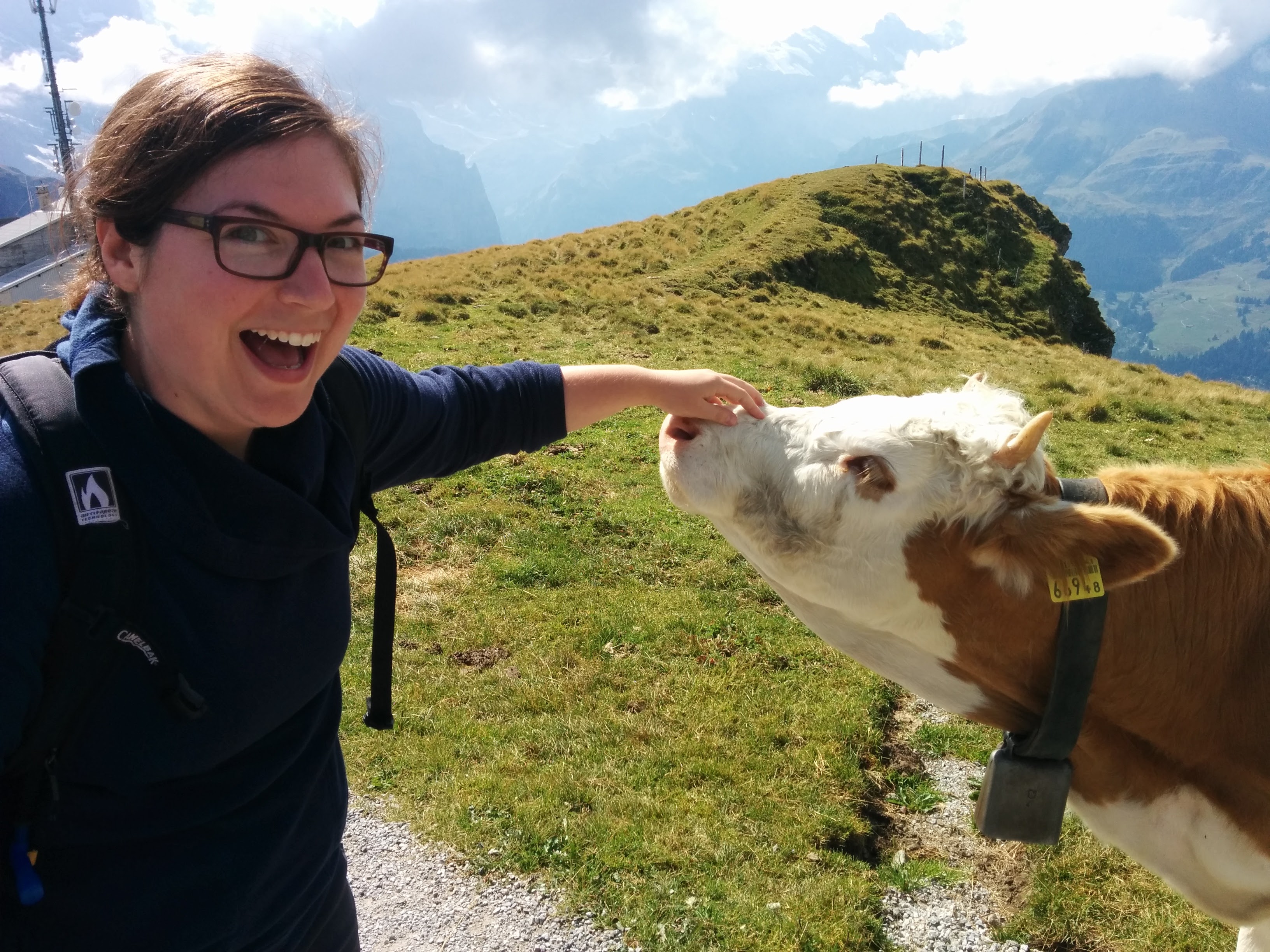 BJ Ward smiling petting a white and brown cow in the mountains of Switzerland 